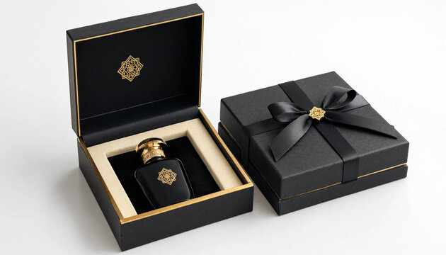 Black perfume bottle inside an elegant luxury gift box with a silk ribbon