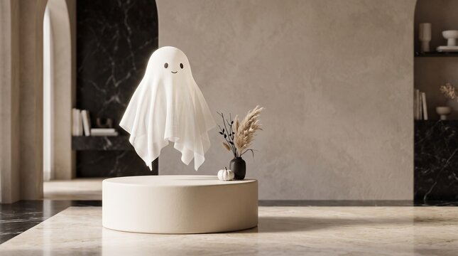 Minimal Cute White Ghost Halloween Background on Beige Pedestal