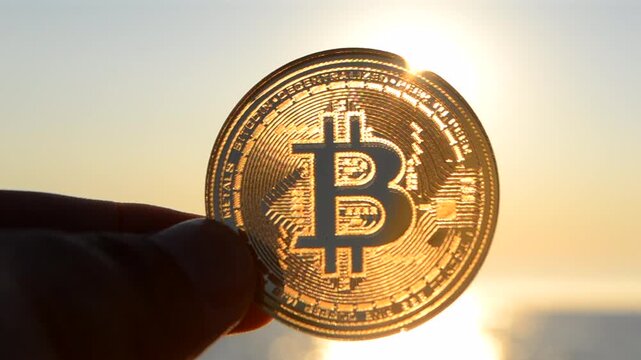 Bitcoin coin. Person holding Bitcoin coin in hand on background of sea, blue sky and shining sun at dawn and sunset. Concept cryptocurrency money cryptography cryptocurrencies bitcoins crypto