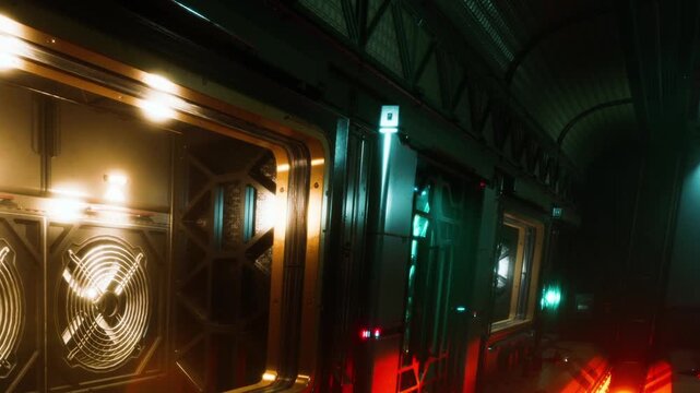 Bright lights illuminate a futuristic train on a platform at a train station during the night. The scene shows details of the train design and surroundings.