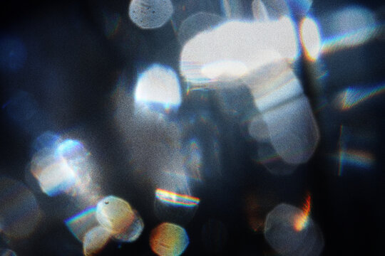 Easy to add overlay or screen filter over photos. Abstract sun burst. Digital lens flare background. Gleams rounded and hexagonal shapes, rainbow halo, iridescent glare