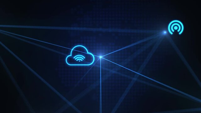 Cloud Computing and Wireless Network Icons Connected by Glowing Digital Lines