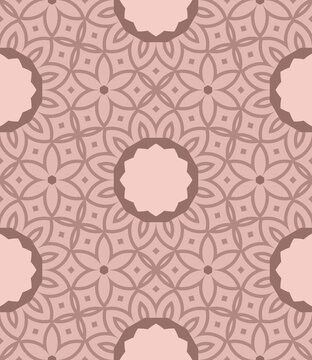 Soft pink background with repeating geometric patterns. Circular and floral shapes interlace in symmetrical design. Brown outlines frame petals and dots across the surface