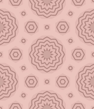 Soft pink background with geometric floral patterns. Circular and hexagonal shapes repeat in elegant design. Each motif features layered, radiating petals and lines