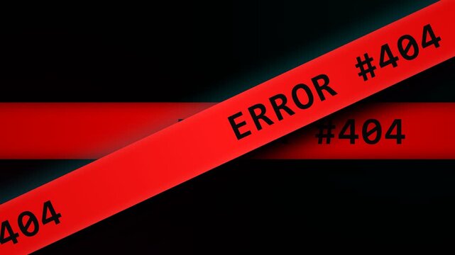 A pair of red warning tapes display the digital 404 error notification across a dark void to signify a broken link or a page failure when users attempt to access unavailable content on websites