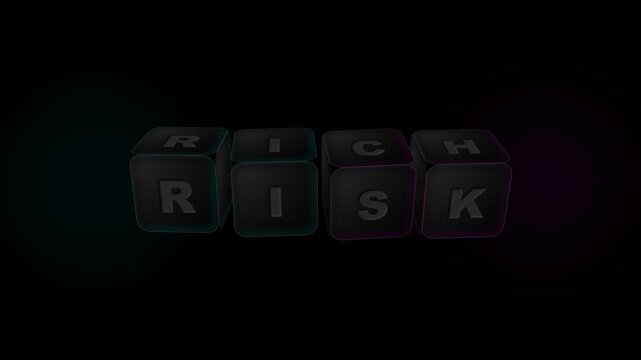 Black dice display the word risk to symbolize financial danger while emphasizing that high stakes ventures often require bold decisions and strategic thinking to navigate the uncertainty