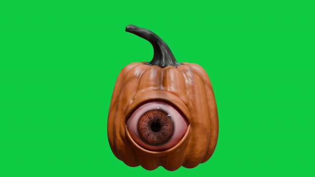 Creepy Halloween pumpkin with scared blinking single eyeball and curved twisted stem on solid black background, 4K 3D seamless loop animation of frightened cyclops monster jack-o-lantern for horror ev