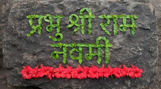 Prabhu shri ram navami written with fresh green leaves on a dark textured stone surface, decorated with a row of red hibiscus flowers