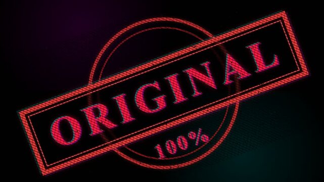 A vibrant red ink stamp features the bold text original with an additional one hundred percent marking for certifying authentic products through a professional quality verification system