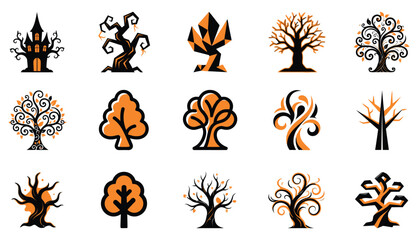 Fototapeta premium Set of hand drawn halloween tree icons featuring spooky haunted forest elements and autumn foliage for seasonal design projects
