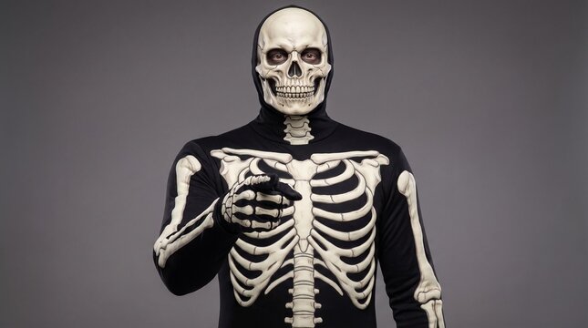 Person in Skeleton Suit Costume Pointing Finger at Camera on Grey Background
