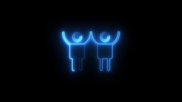 Neon blue icon of two people holding hands glowing on black background for digital interface.