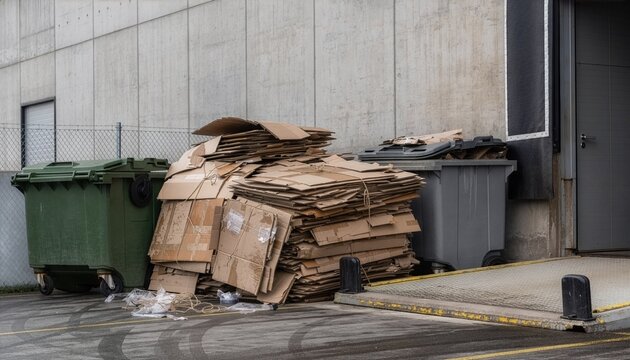 Large pile of flattened used cardboard boxes behind a supermarket loading area.