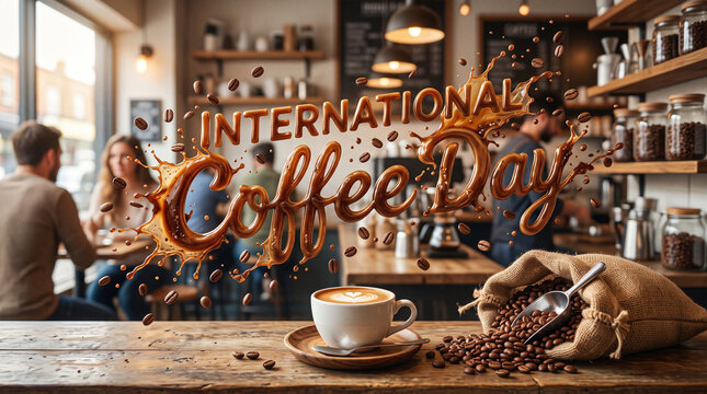 3D International Coffee Day text in busy coffee shop.