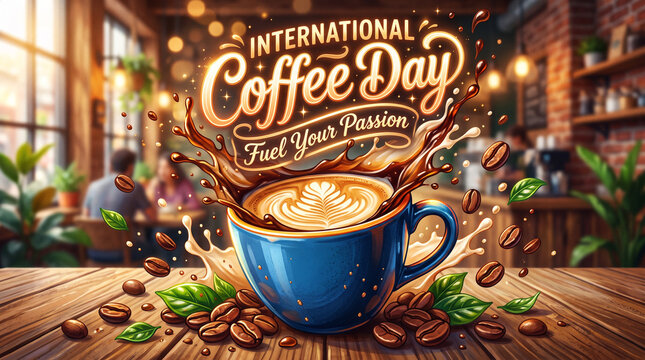 Artistic coffee splash with cup and beans for International Coffee Day in cafe.