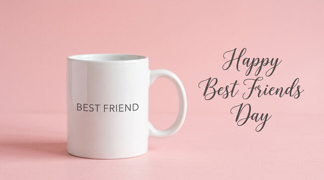 Best Friend white mug on pink background for Friendship Day.