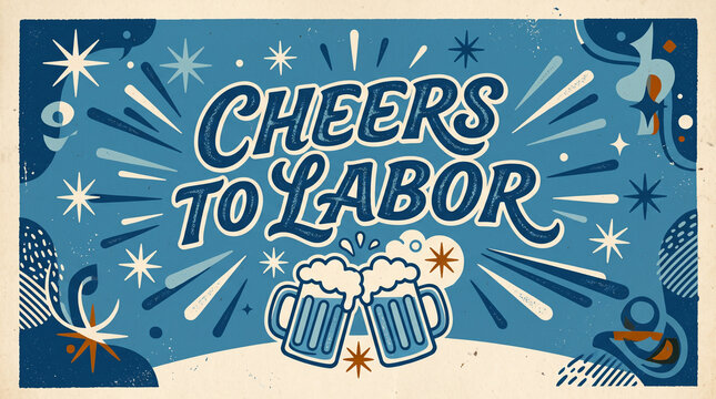 Cheers to Labor retro blue banner with beer mugs illustration.