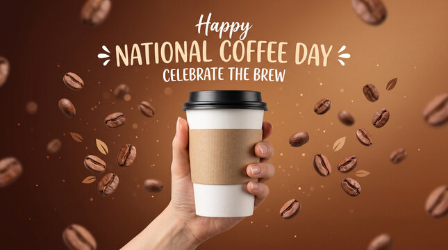 Hand holding takeaway coffee cup for National Coffee Day with flying roasted beans.