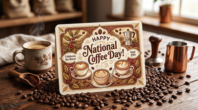 National Coffee Day sign surrounded by beans and cups.