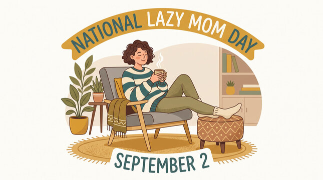 National Lazy Mom Day illustration with woman relaxing in chair.