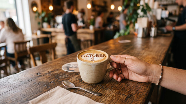 Person reaching for coffee cup with October 1st date on wooden bar counter in cafe.