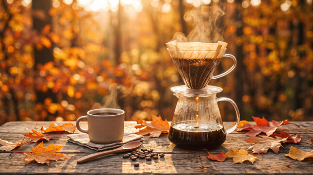 Pour over coffee brewer on wood table with autumn leaves.
