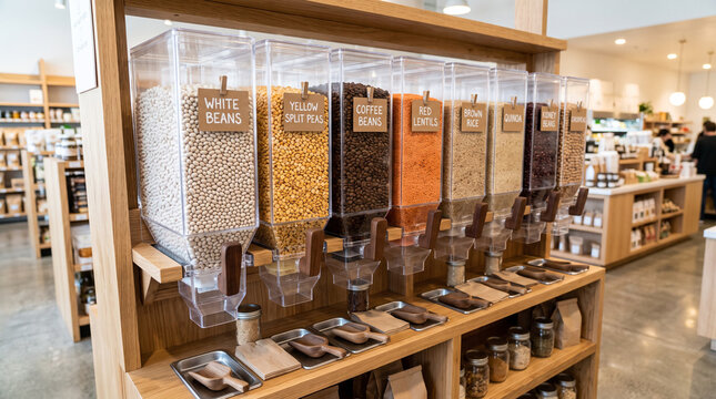 Self-service bulk coffee bean dispensers in a modern grocery shop.