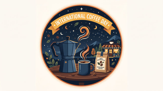Stylized badge of moka pot and coffee cup under starry night sky.