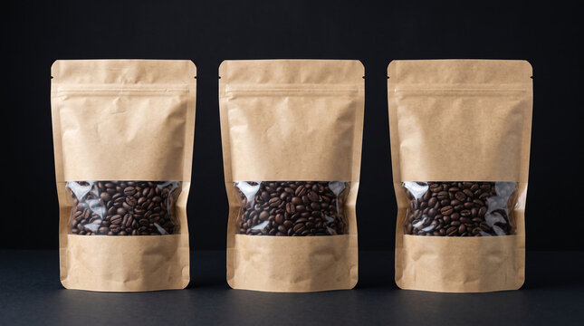 Three kraft paper pouches with windows displaying roasted coffee beans on dark background.