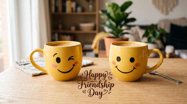 Two yellow smiley face mugs on table for Friendship Day.