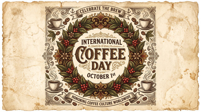 Vintage International Coffee Day October 1st poster with coffee bean wreath and retro typography.