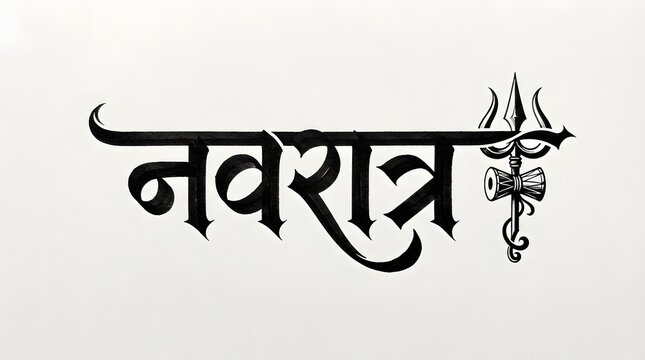 Navratri hindi calligraphy with trishul and damru symbol isolated on white background