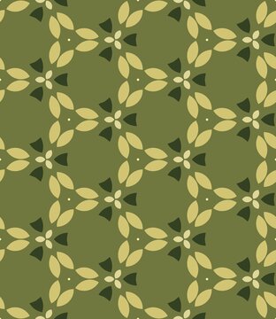 Geometric pattern features olive and dark green leaf motifs. Symmetrical design repeats across a solid olive background. Each unit combines rounded leaf shapes with triangular accents