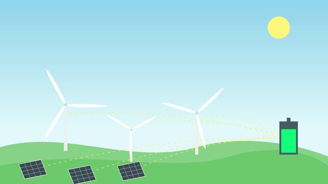 Clean renewable energy production with wind turbines solar panels charging green battery on eco landscape vector illustration concept