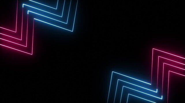 Neon lines in glowing blue and pink zigzag patterns looping seamlessly on black background