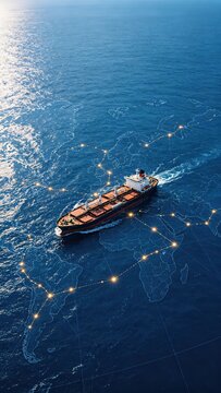 Cargo ship sailing on ocean, overlaid glowing world map route network, global maritime international trade logistics concept image