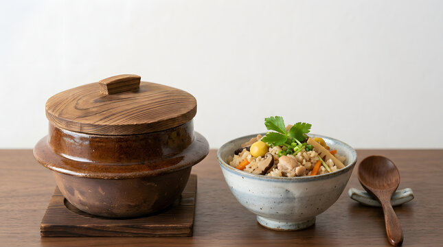 土鍋と茶碗に盛られた具だくさんの炊き込みご飯（釜飯）の料理写真