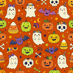 Naklejka premium Cute Halloween Kawaii Characters Seamless Pattern