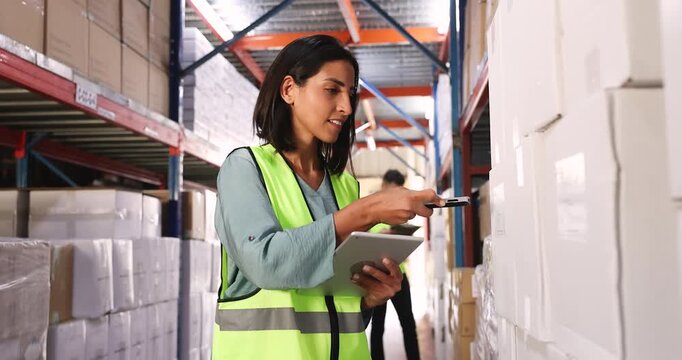 Beautiful young Latin logistic professional woman in uniform vest scanning barcodes on boxes in storage, working on inventory control, using scanner and tablet computer