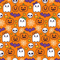 Obraz premium Cute Halloween Pattern with Ghosts, Pumpkins, and Bats