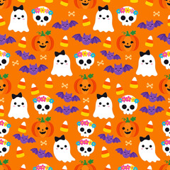 Obraz premium Cute Halloween Characters Seamless Pattern