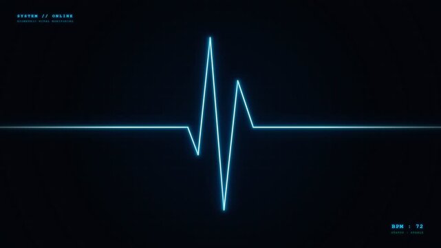 A bright blue glowing electronic pulse monitor displays human heartbeat rhythms across a dark digital screen interface, symbolizing hospital emergency care and critical patient health monitoring
