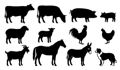 Fototapeta premium Farm animal livestock silhouette icon set with cow pig sheep hen and lamb vector