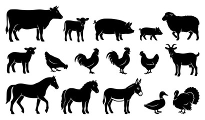 Farm livestock animals black silhouette icon collection cow pig sheep chicken vector © MstShirin