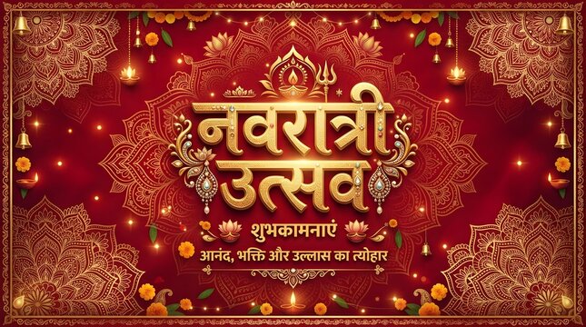 Elegant navratri utsav greeting card with intricate golden mandala patterns, glowing diyas, and traditional hindi typography on a deep red background