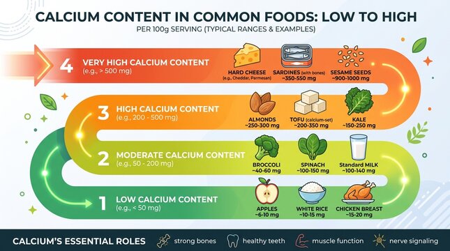 Educational infographic ranking common foods by calcium content from low to high, highlighting key health benefits for bones and teeth
