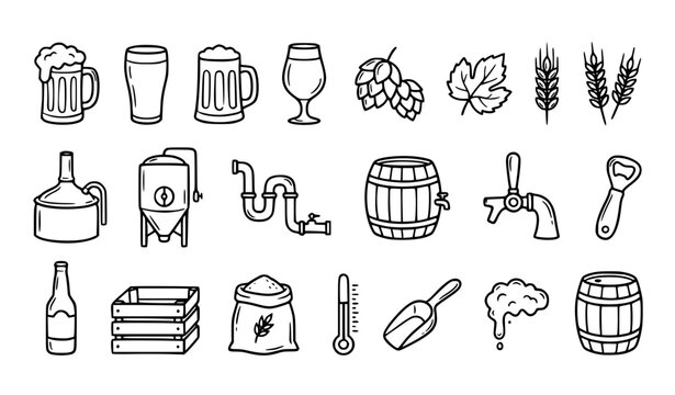 Collection of hand-drawn icons representing beer elements and drinks, including mugs, glasses, hops, brewery equipment, and barrel.