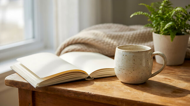 Coffee Cup and Open Book on Cozy Wooden Table