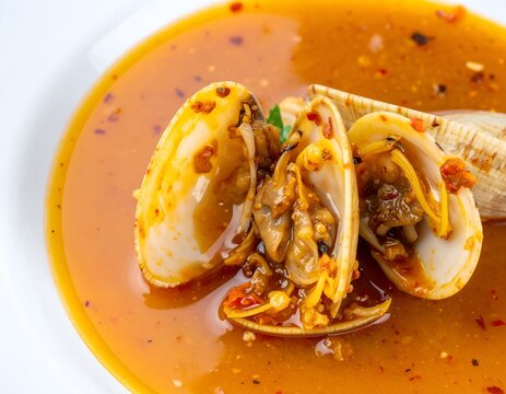 Single open clam in spicy chili broth.