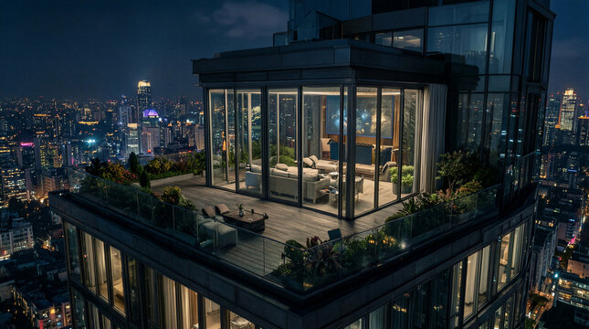 Sprawling urban terrace featuring private rooftop and massive sliding glass walls of a premium triplex penthouse exterior at night